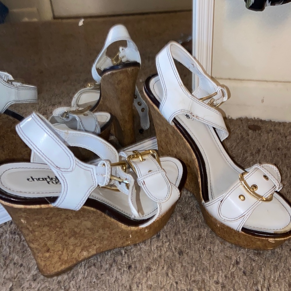 White leather cork heels